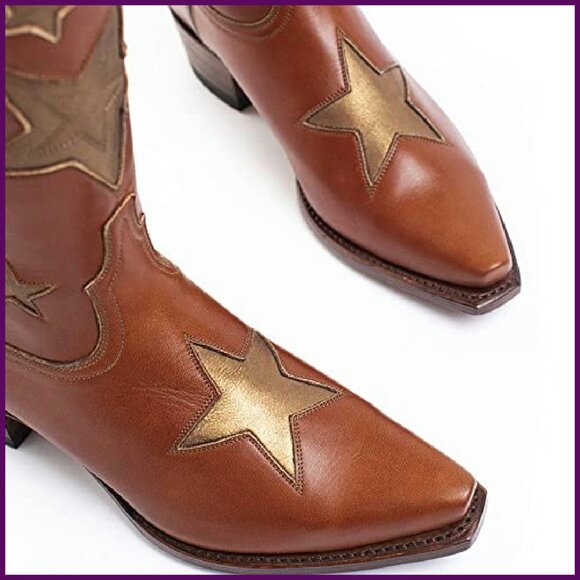 Women's Star Cowboy Boots Pointed Toe Chunky Low Heel Pull-On Wide Calf - Picture 6 of 8